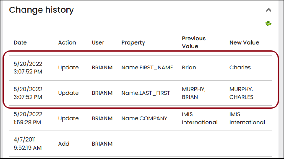 Example change history log